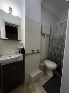 a bathroom with a sink and a toilet and a shower at Sea&Nature apartment in Aigio +24 photos