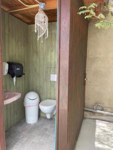 a bathroom with a toilet and a sink and a chandelier at Via Monica in Santa Cruz