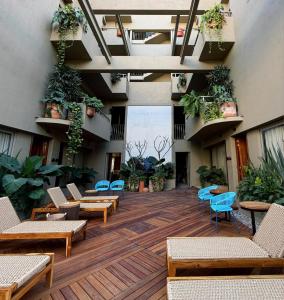a lobby with chairs and tables and potted plants at Musa Hotel Boutique in Bucerías