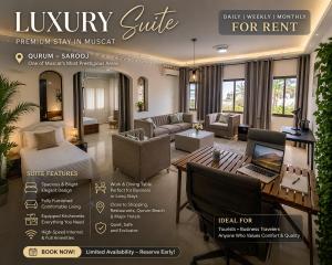 a flyer for aluxury suite in a living room at Waterfront in Muscat +1 photo