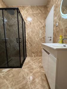 a bathroom with a shower and a sink at Apartman CITY CENTER 9 BAZEN in Prijedor +13 photos