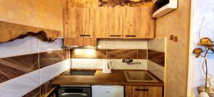 a small kitchen with wooden cabinets and a sink at Smart Nature in Donji Milanovac