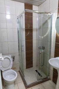 a bathroom with a shower with a toilet and a sink at Hotel Kicevo in Kičevo +38 photos