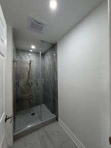 ein Badezimmer mit Dusche und einer Duschkabine aus Glas in der Unterkunft Check Inn in Toronto + 23 Fotos