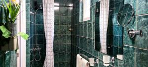 a green tiled bathroom with a shower and a mirror at Smart Nature in Donji Milanovac +5 photos