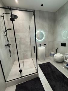 a bathroom with a glass shower and a toilet at Delmar Apartment Center in Dnipro +13 photos