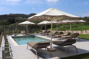 a swimming pool with lounge chairs and an umbrella at Aria Vista Chalkidiki in Agios Nikolaos