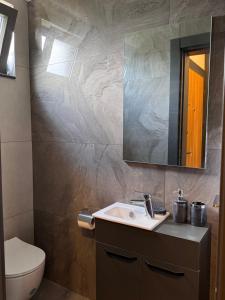 a bathroom with a sink and a toilet and a mirror at Albera Villas in Kemer +9 photos