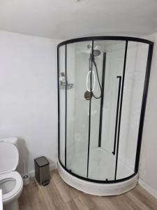 a glass shower in a bathroom with a toilet at Garden City-Private 1BR Full Apt in Halifax +21 photos
