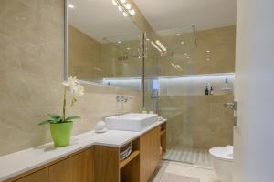 a bathroom with a sink and a shower at Irma's Apartments in Pilos in Pylos +56 photos