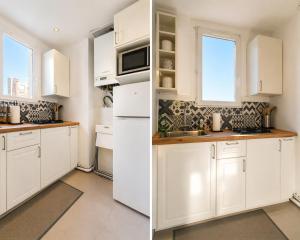 two pictures of a kitchen with white cabinets at Appartement 2 pieces cosy proche Paris et metro wifi rapide arrivee autonome in Asnières-sur-Seine