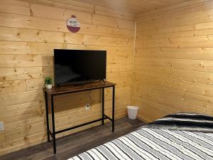 a room with a television on a table in a wooden wall at Catch'em AK - Trout Haven in Soldotna