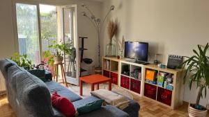 a living room with a couch and a tv at L'Ombre du pommier in Paron