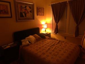 a bedroom with a bed and a lamp on a table at Dr. Yaple's Art Deco House in Lafayette