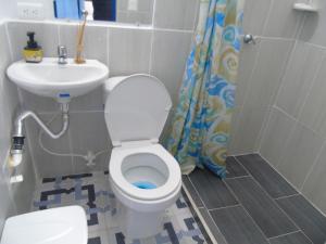 a bathroom with a white toilet and a sink at Vista Farallones Hostel in Jardin +102 photos