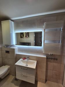a bathroom with a sink and a mirror and a toilet at DORMAR I Apartament in Wałbrzych +14 photos
