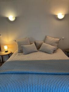 a large bed with blue sheets and pillows on it at La Grange aux coccinelles in Saint-Martin-des-Fontaines