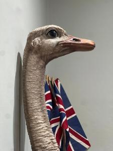 a fake ostrich is standing next to an umbrella at Glenesk No 1 , Woodhall Spa in Woodhall Spa