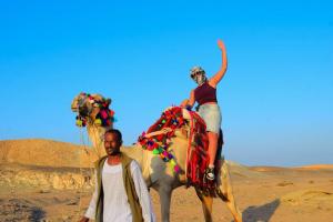 a woman riding on the back of a camel at Guest house science W 1 in Marsa Alam City