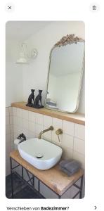 a bathroom with a sink and a mirror on a shelf at Heimat in Karstädt
