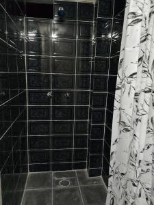 a black and white shower with a shower curtain at Arca de Noé in Xaltepec