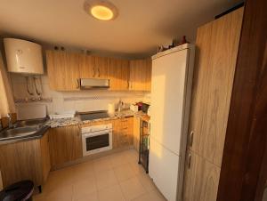 a kitchen with wooden cabinets and a white refrigerator at Paseo del mar in Melilla