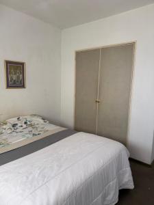 a bedroom with a bed and a sliding door at Depto calle 51 in La Plata