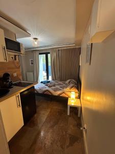 a small room with a bed and a small table at Petit studio et son spa abrité in Nancy