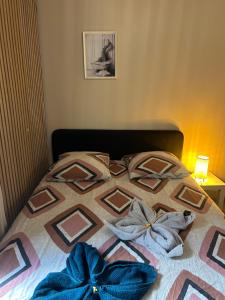 a bed with bows on it in a bedroom at Petit studio et son spa abrité in Nancy +13 photos