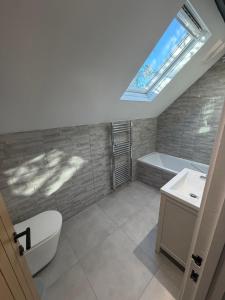 a bathroom with a toilet and a sink and a bath tub at Windsor Flat 90C in Windsor