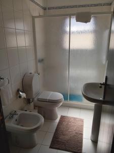 a bathroom with a toilet and a sink and a shower at Apart. Av. António Feijó in Ponte de Lima +30 photos