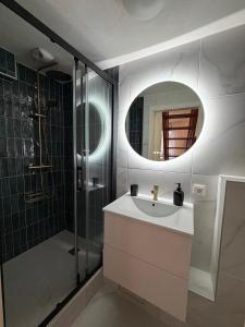 a bathroom with a sink and a shower with a mirror at Le charmant Duplex de la Bibliothèque - Vélos Friendly- Centre historique et proche Europa-Park in Sélestat +27 photos