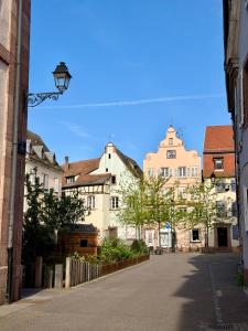 a street in a town with buildings and a street light at Le charmant Duplex de la Bibliothèque - Vélos Friendly- Centre historique et proche Europa-Park in Sélestat