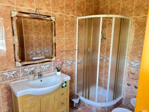 a bathroom with a sink and a shower at Vivenda Godinho in Nazaré +19 photos