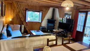 a living room with a couch and a tv at Chalet paisible dans les Cévennes avec sauna privé in Dourbies