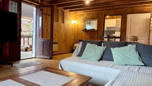 a living room with a couch and a table at Chalet paisible dans les Cévennes avec sauna privé in Dourbies