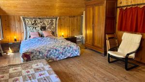 a bedroom with a bed and a chair at Chalet paisible dans les Cévennes avec sauna privé in Dourbies