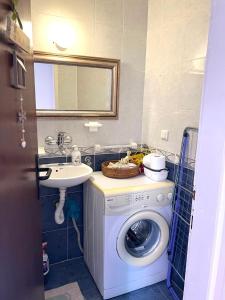 a bathroom with a washing machine and a sink at Mika Studio in Tivat