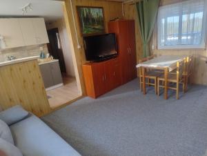 a room with a kitchen and a table with a television at Domek nad jeziorem -Mazury- Linia Brzegowa in Piotrowice
