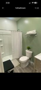 a bathroom with a toilet and a shower at The Casita at Riverwalk in Bakersfield