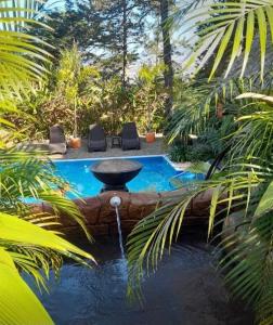 a swimming pool with a fountain in the middle at Cerro Verde Glamping Cartago in Lourdes