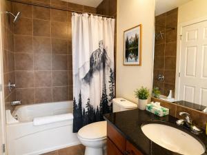 a bathroom with a sink and a toilet and a shower curtain at Alpine Hideaway at Alpine Village in Canmore