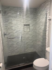 a bathroom with a shower with a toilet at Clover motel in Lynwood +14 photos
