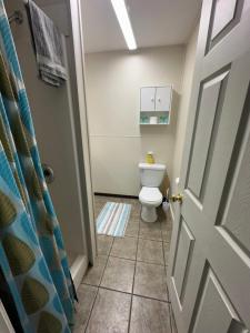 a bathroom with a toilet and a door at Stewart Mountain Lodge in Stewart