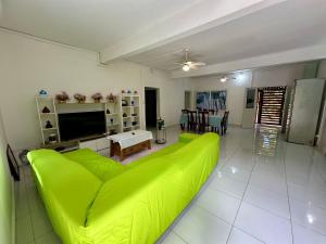 a living room with a green couch and a television at villa Moissuli par chambre in Mtsamboro