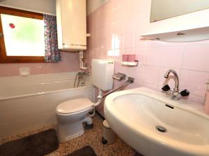 a bathroom with a white toilet and a sink at Chalet Westermeyr in Mieming +4 photos