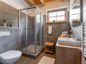 a bathroom with a shower and a toilet and a sink at Haus Liene in Donnersbachwald +31 photos