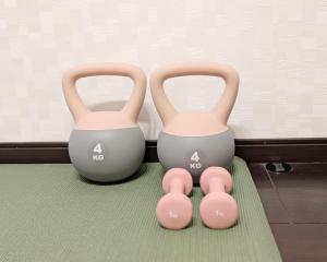 two pink and grey vases sitting on a rug at Nikko TEN Stay in Nikko