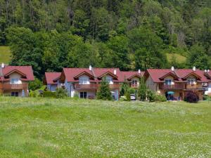a row of houses with red roofs in a field at Casa Nostra in Kötschach