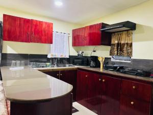 a kitchen with red cabinets and a counter top at Nadi Holiday House in Nadi